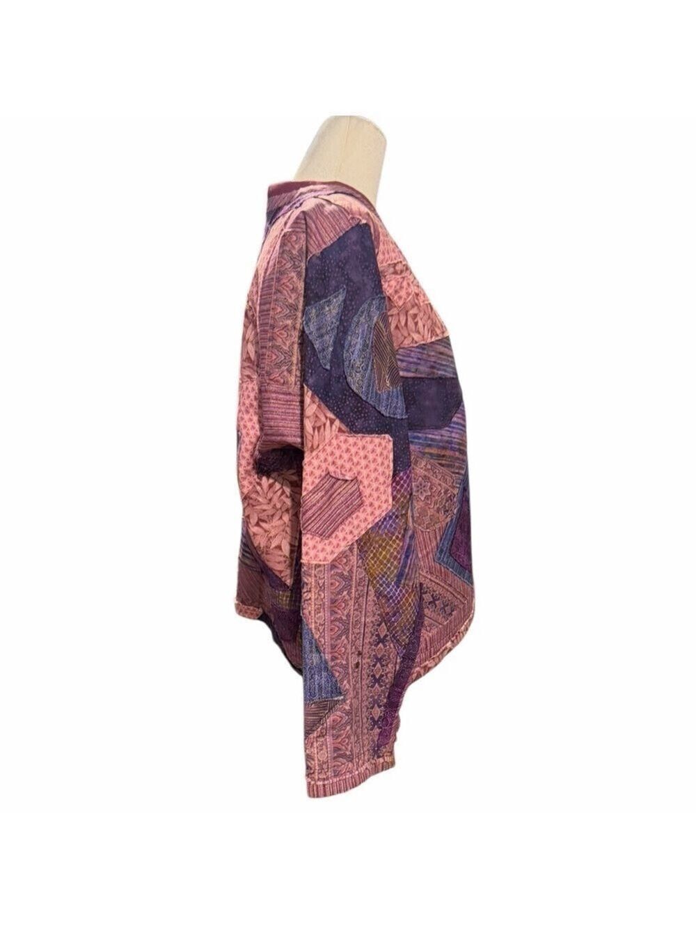 Upcycled Patchwork Quilt Abstract Patches Purples Reworked Open Front Jacket - Picture 3 of 8